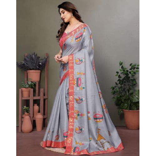 Yashika Women's Printed Kalamkari Art Silk Saree With Lace and Unstitched Blouse Material (AZ-YS-P1-DAMRU GREY LACE)