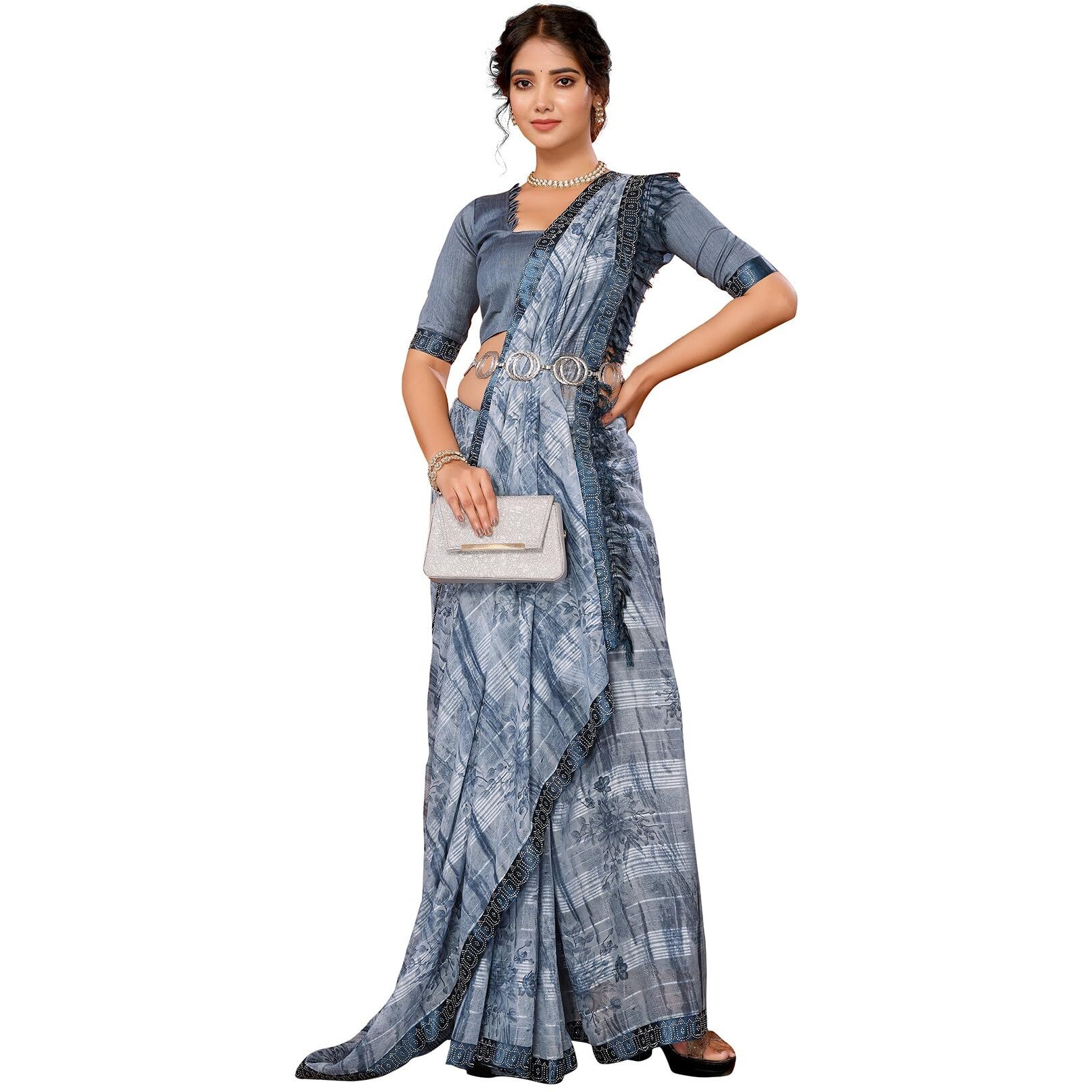 Yashika Women's Weightless Georgette Satin Printed Hot Fix Swarovski Lace with Tassels Unstitched Blouse Material Saree (AZ-YS-P2-REHANA-Parent_Grey)
