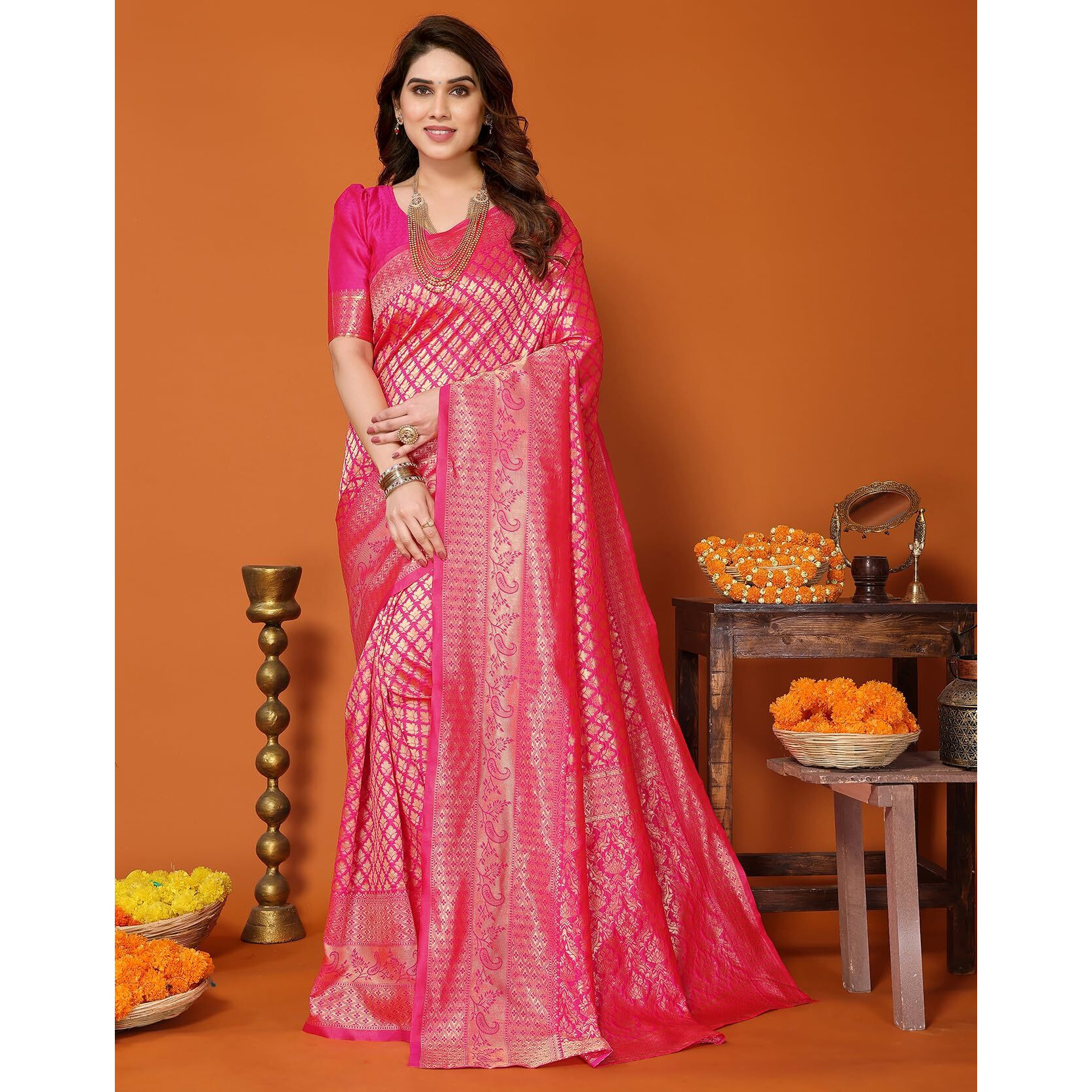 Yashika Present Banarasi Kanjivaram Silk Saree For Fashionable Women|| AZ-YS-P1-MALIYA-PARENT New (Pink 02)