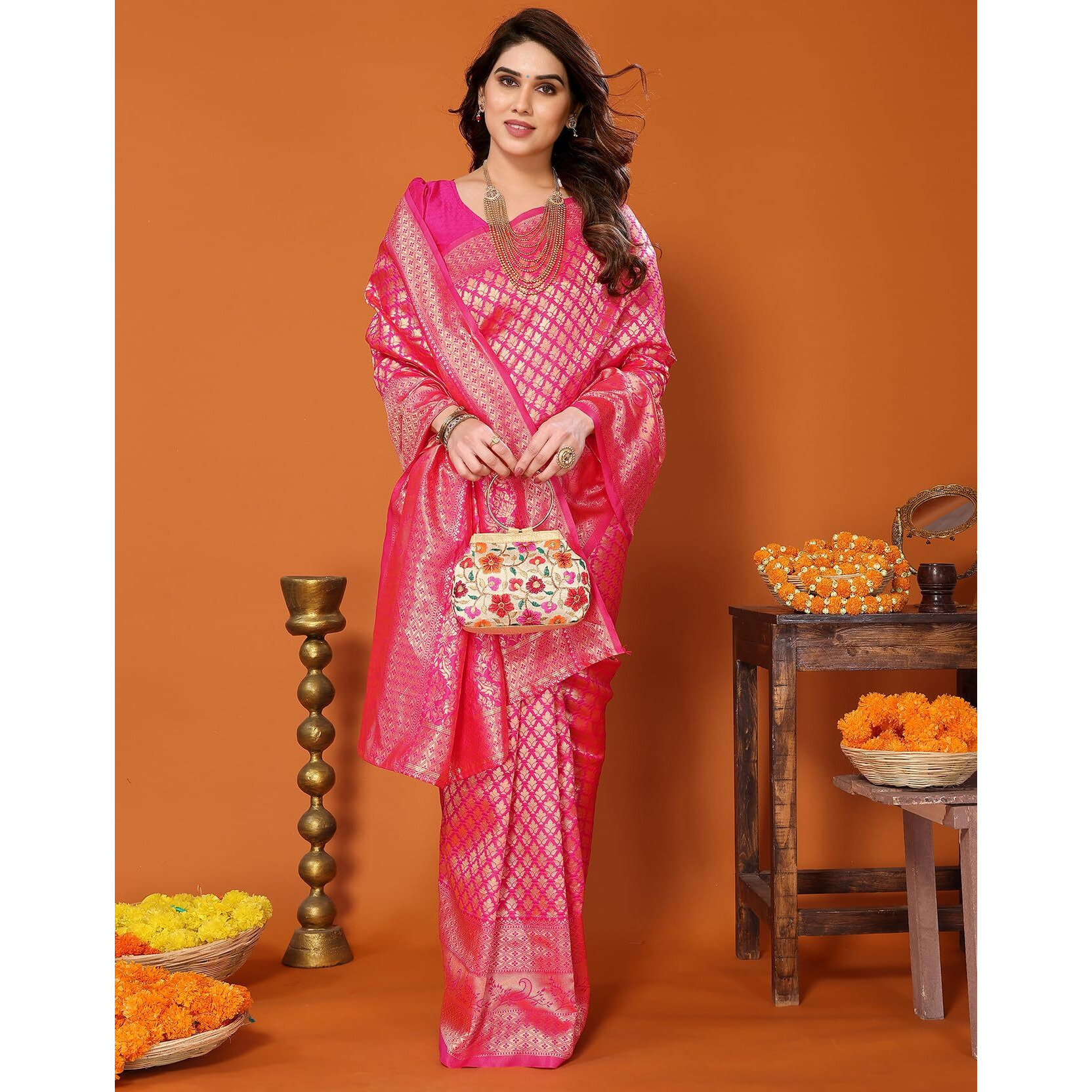 Yashika Present Banarasi Kanjivaram Silk Saree For Fashionable Women|| AZ-YS-P1-MALIYA-PARENT New (Pink 02)