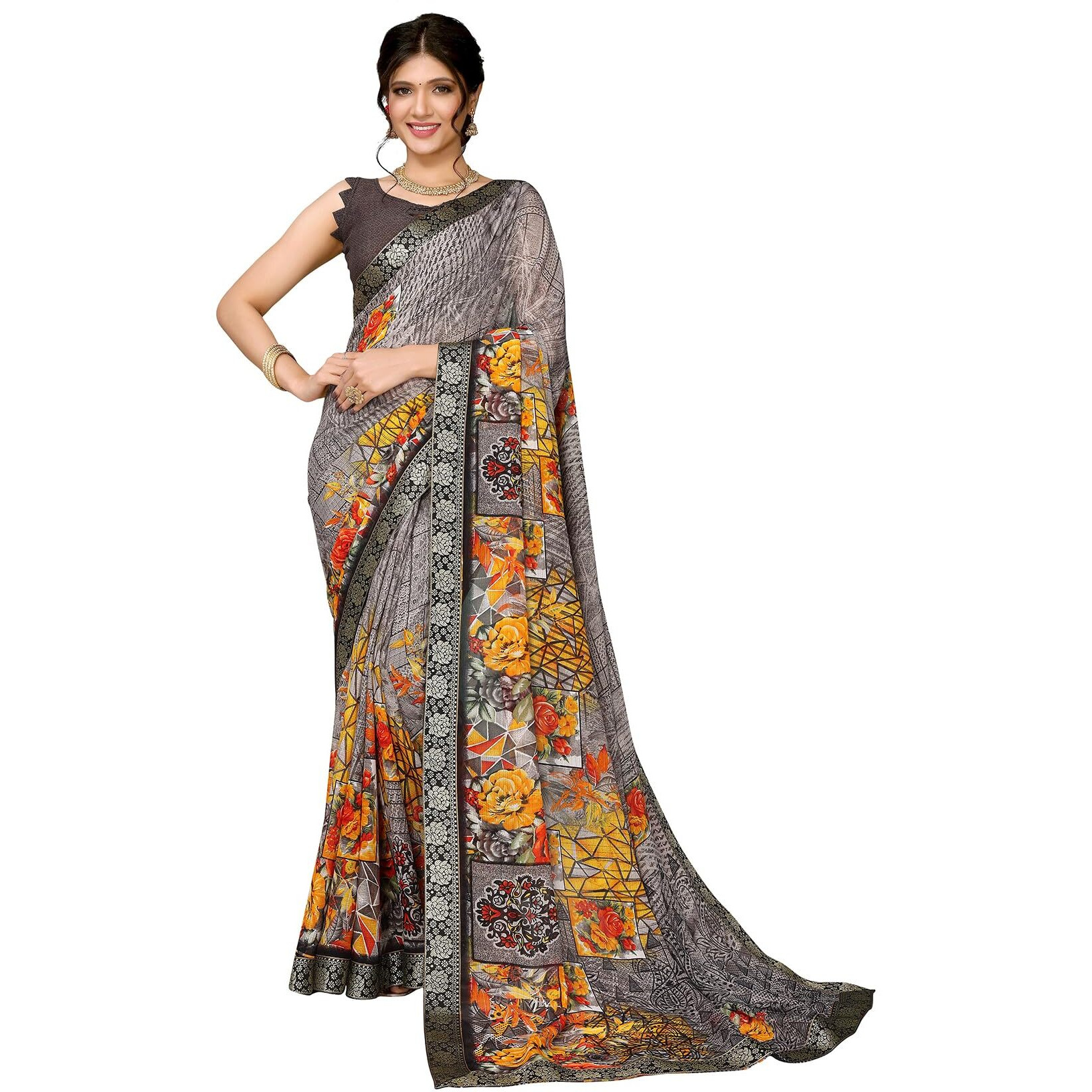 Yashika Women's Latest Woven Printed Georgette Jacquard lace Saree with Unstitched Blouse Material-Suitable for All Indian Weddings and Festivals (AZ-YS-P1-AMBIKA-APARNA-ASMINA-Parent_Grey)