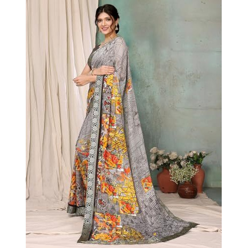 Yashika Women's Latest Woven Printed Georgette Jacquard lace Saree with Unstitched Blouse Material-Suitable for All Indian Weddings and Festivals (AZ-YS-P1-AMBIKA-APARNA-ASMINA-Parent_Grey)