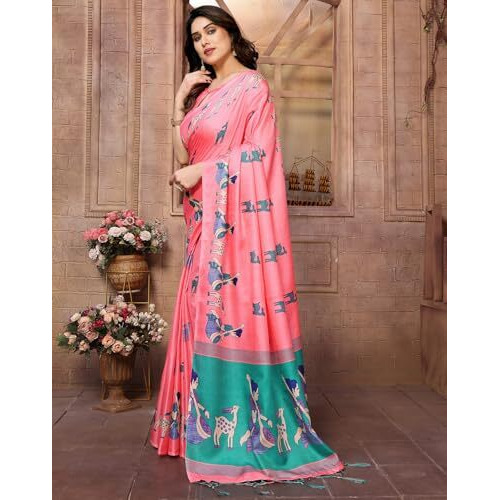 Yashika Women's Printed Kalamkari Art Silk Saree With Tassels and Unstitched Blouse Material (AZ-YS-P1-CHAITHALI PINK JHALAR)