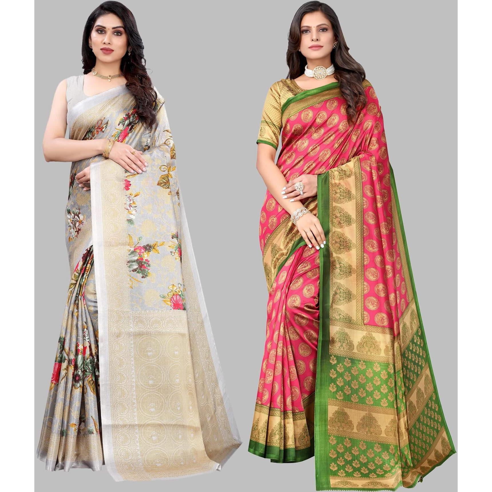 Yashika Women's Combo Art Silk Printed Saree With Blouse Piece Pack Of 2(PUDINA GREY-ALIFA PINK)