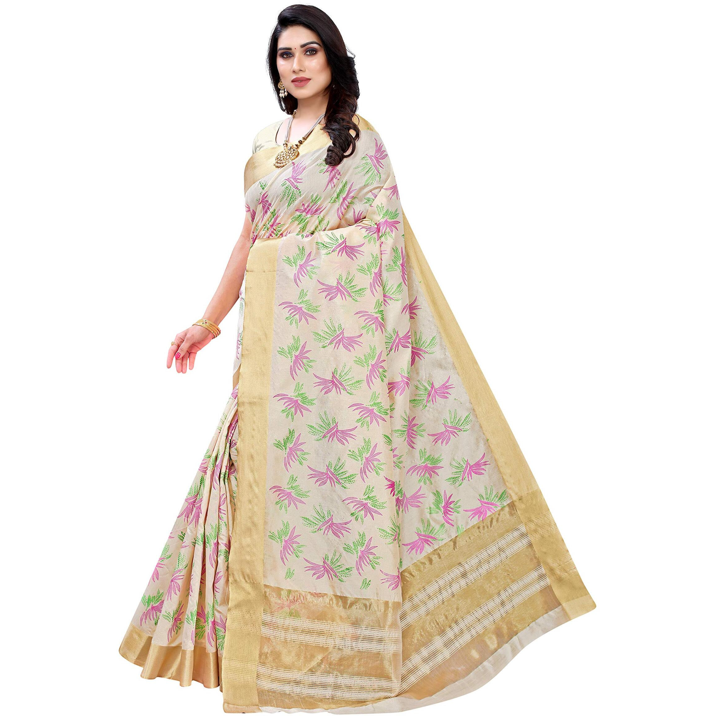 Yashika Women's Woven Cotton Blend Saree With Blouse Piece (KERALA MANSHI_White13)