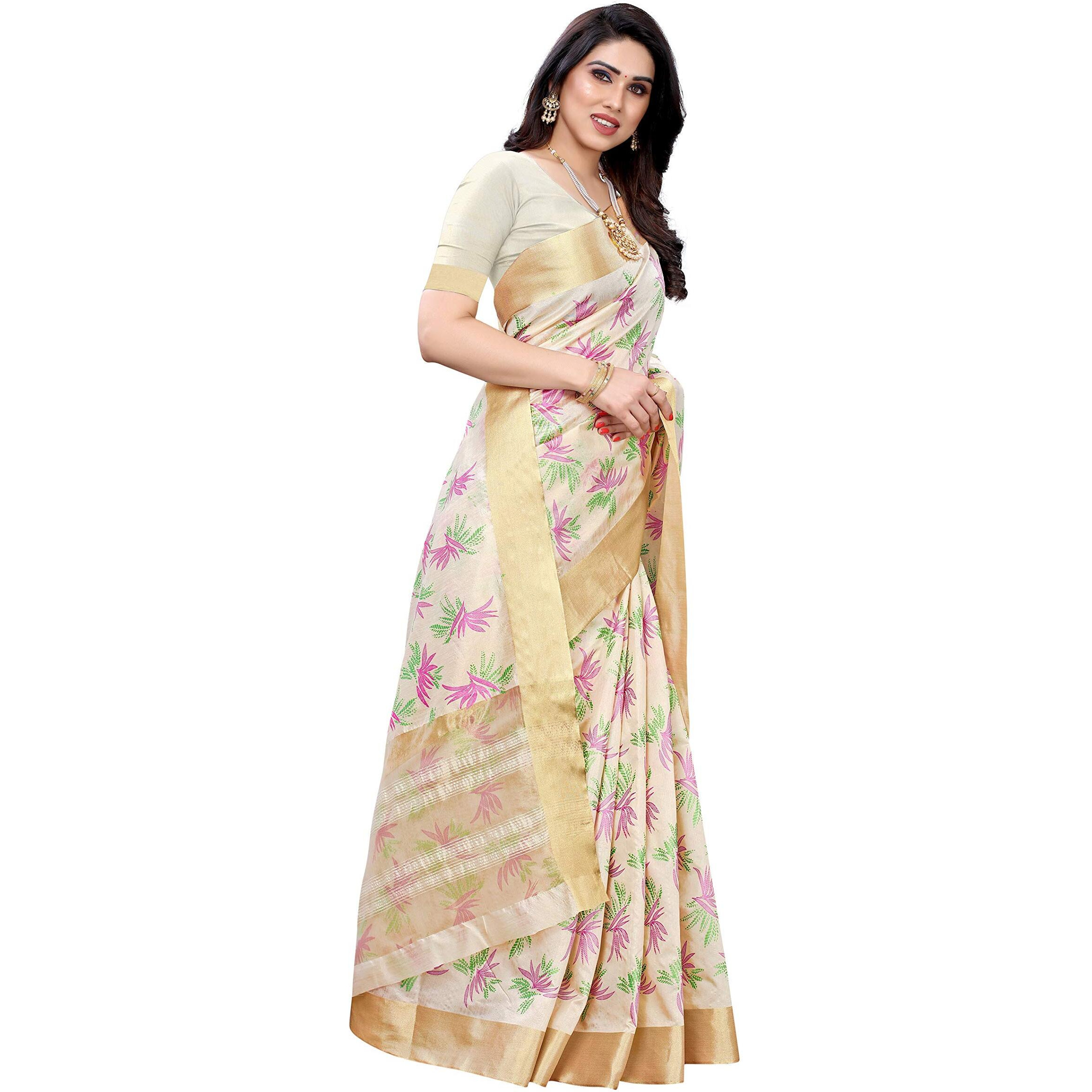 Yashika Women's Woven Cotton Blend Saree With Blouse Piece (KERALA MANSHI_White13)