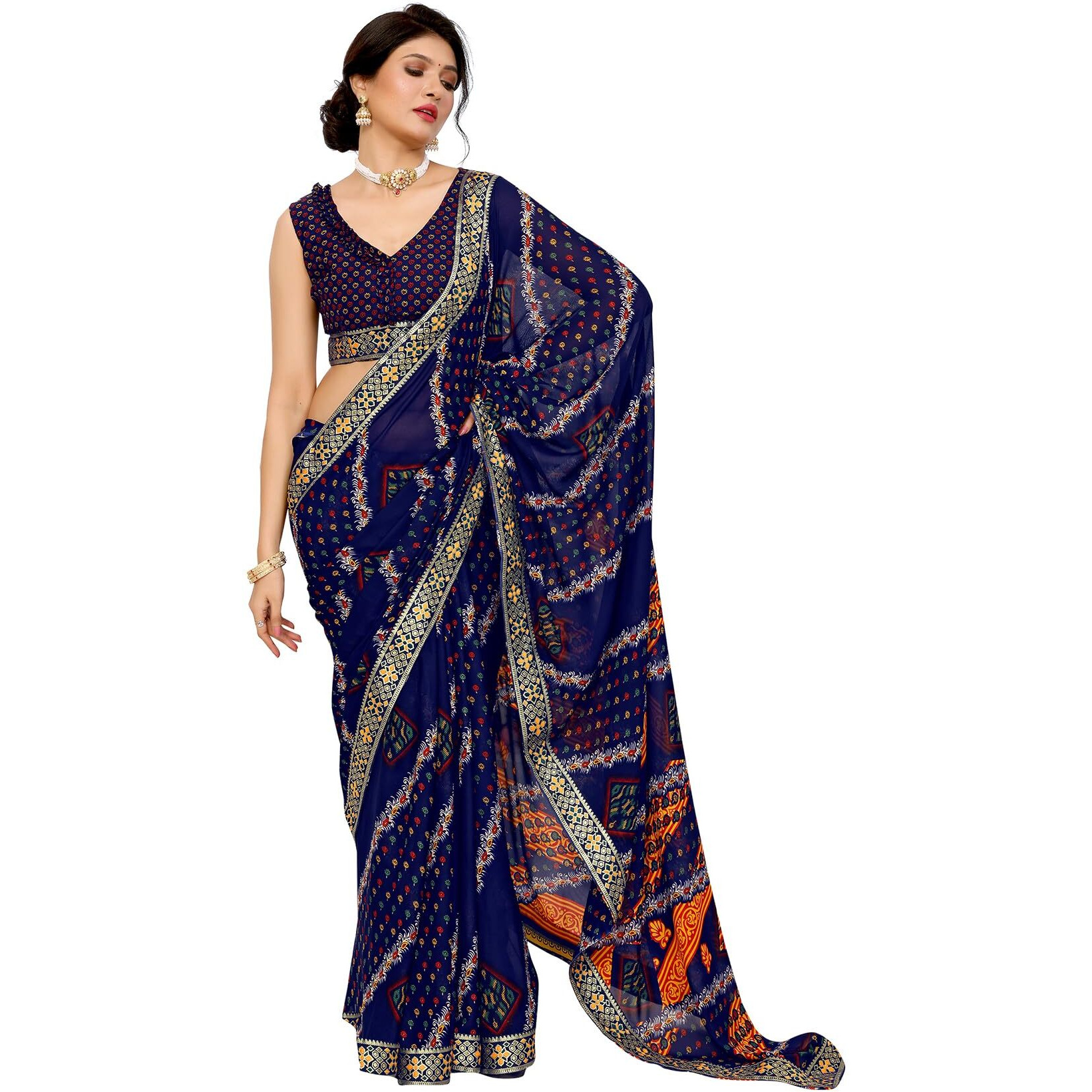 Yashika Women's Plain Floral Print Georgette Saree with Lace and Unstitched Blouse Material (AZ-YS-P2-ANSUYA-PRANALI-PUNEETA-ZAVEDA-P_Navy)