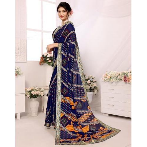 Yashika Women's Plain Floral Print Georgette Saree with Lace and Unstitched Blouse Material (AZ-YS-P2-ANSUYA-PRANALI-PUNEETA-ZAVEDA-P_Navy)