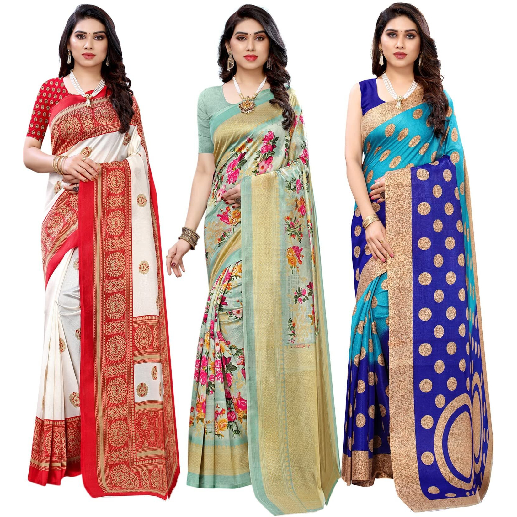 Yashika Women's Combo Art Silk Saree with Blouse Piece-Pack of 3(AAMRAPALI RED-AIR Light Green-Kora Blue) Multicolor-01