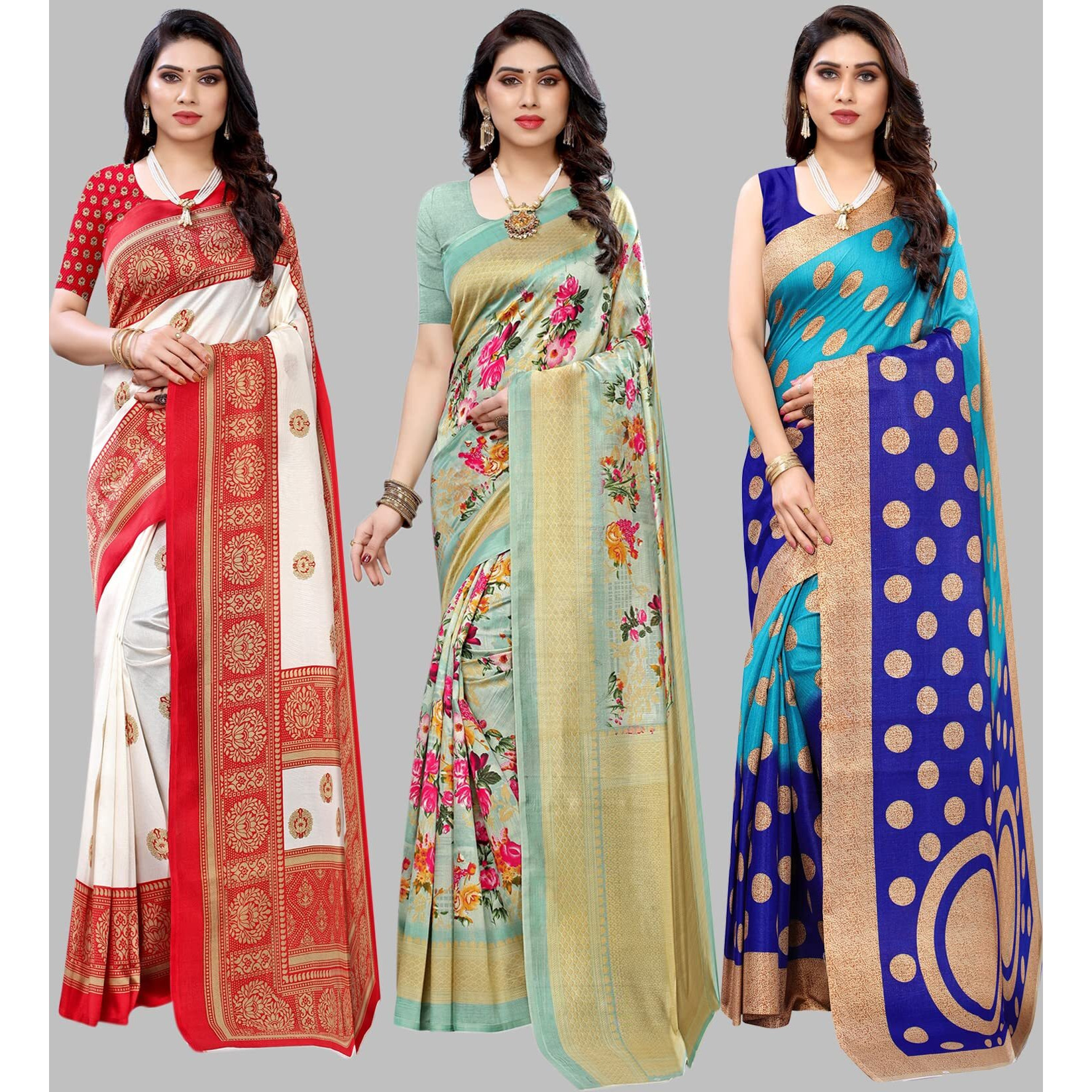 Yashika Women's Combo Art Silk Saree with Blouse Piece-Pack of 3(AAMRAPALI RED-AIR Light Green-Kora Blue) Multicolor-01