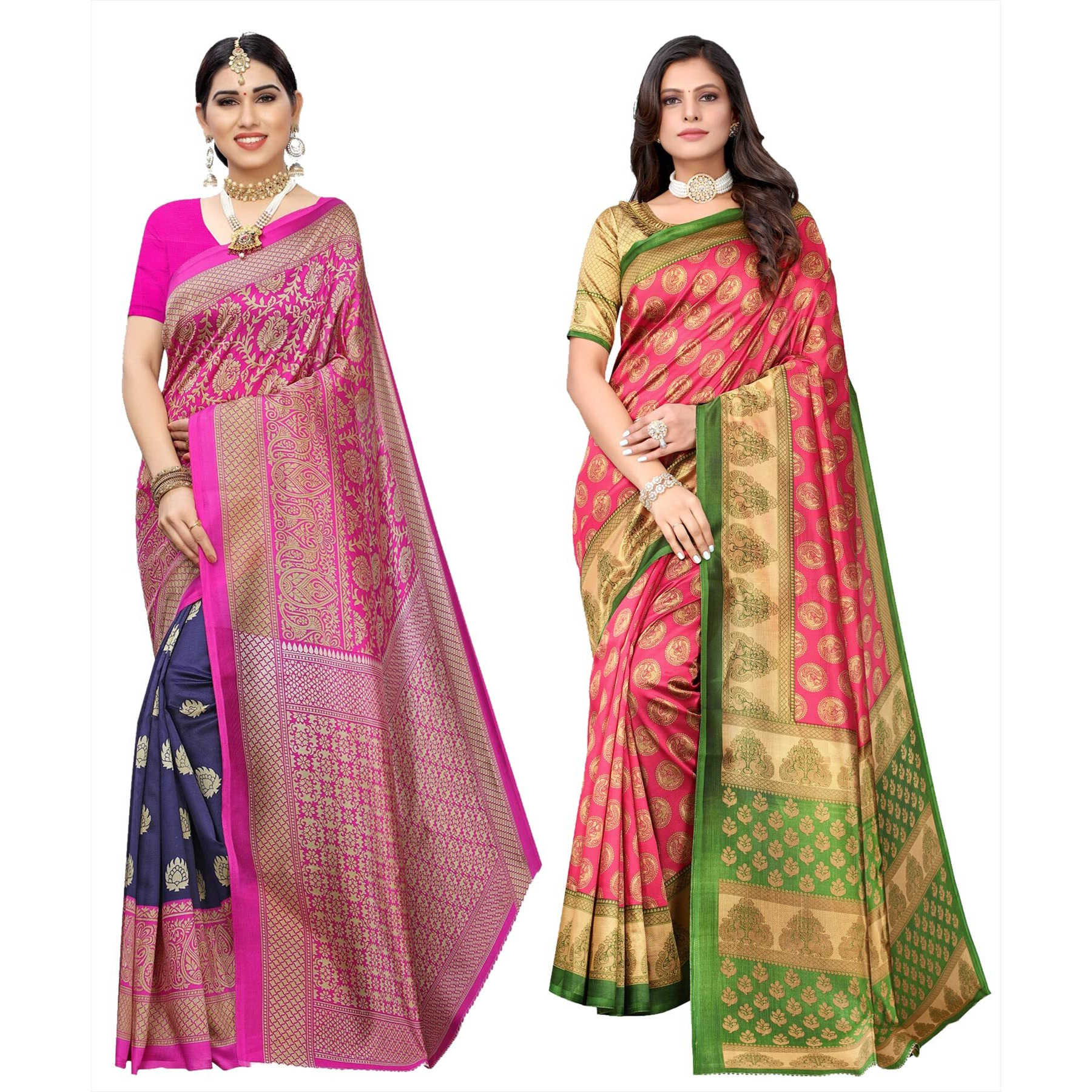 Yashika Women's Combo Art Silk Printed Saree With Blouse Piece Pack Of 2(METRO NAVY-ALIFA PINK)