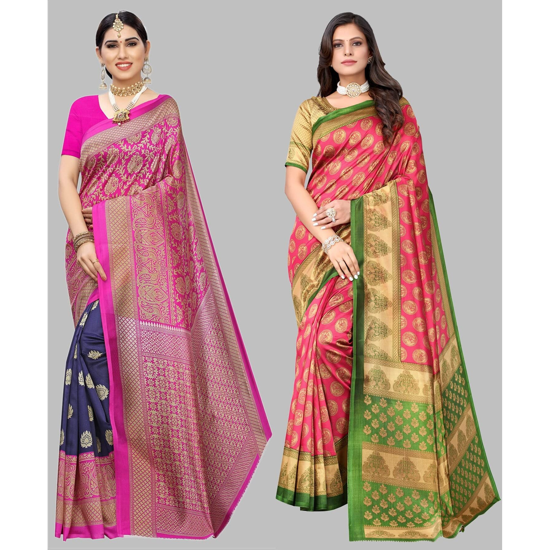 Yashika Women's Combo Art Silk Printed Saree With Blouse Piece Pack Of 2(METRO NAVY-ALIFA PINK)