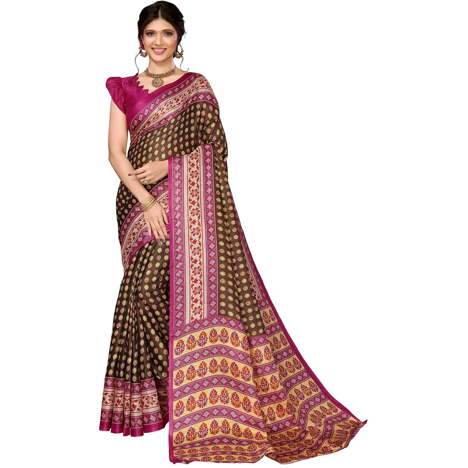 Yashika Women's Latest Woven Printed Art Silk Saree with Unstitched Blouse Material-Suitable for All Indian Weddings and Festivals (AZ-YS-P1-URMILA-YASHODA-Parent_Brown)
