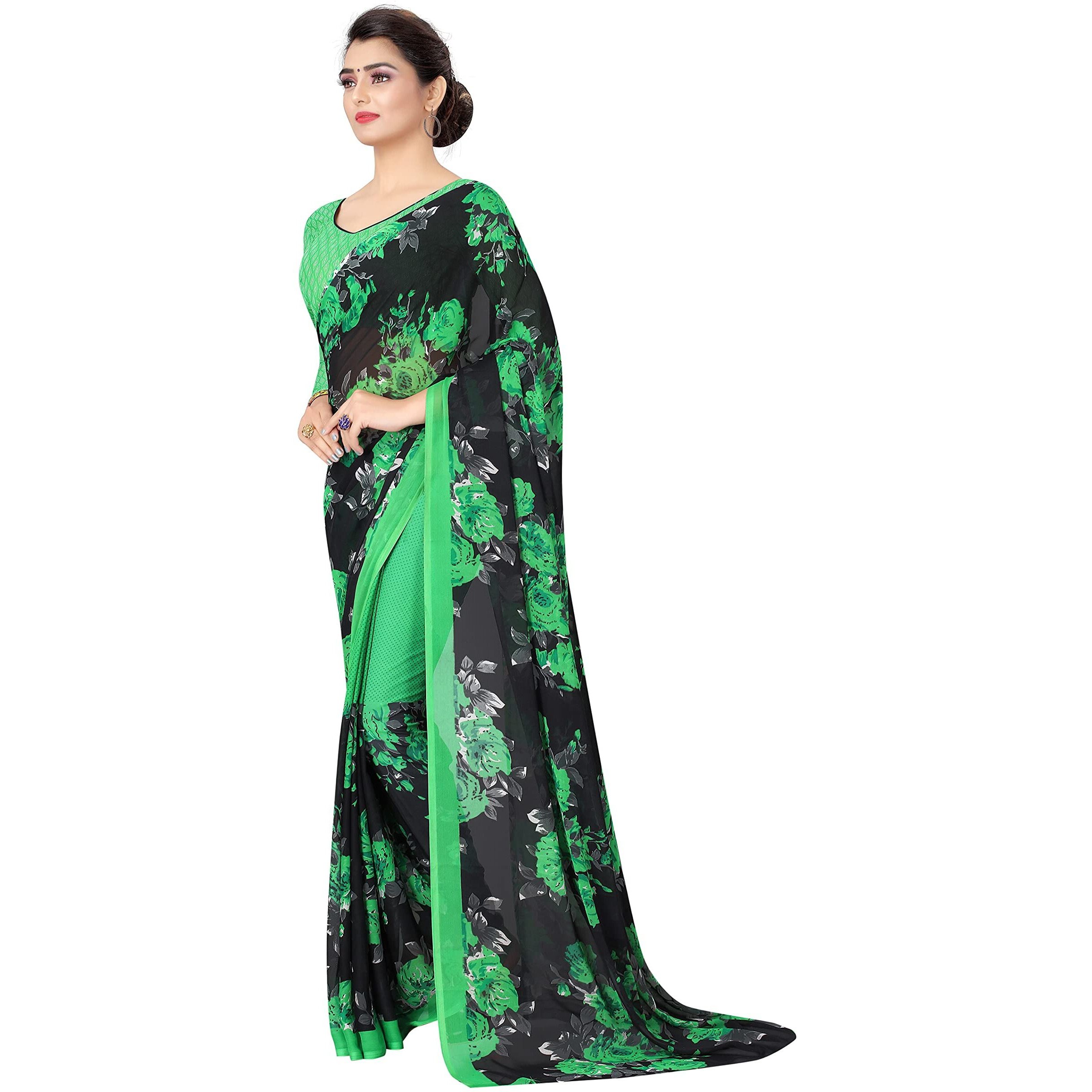 Yashika Women's Jacquard Pure Georgette Saree Combo (Floral Green_Half Ink_Grey)