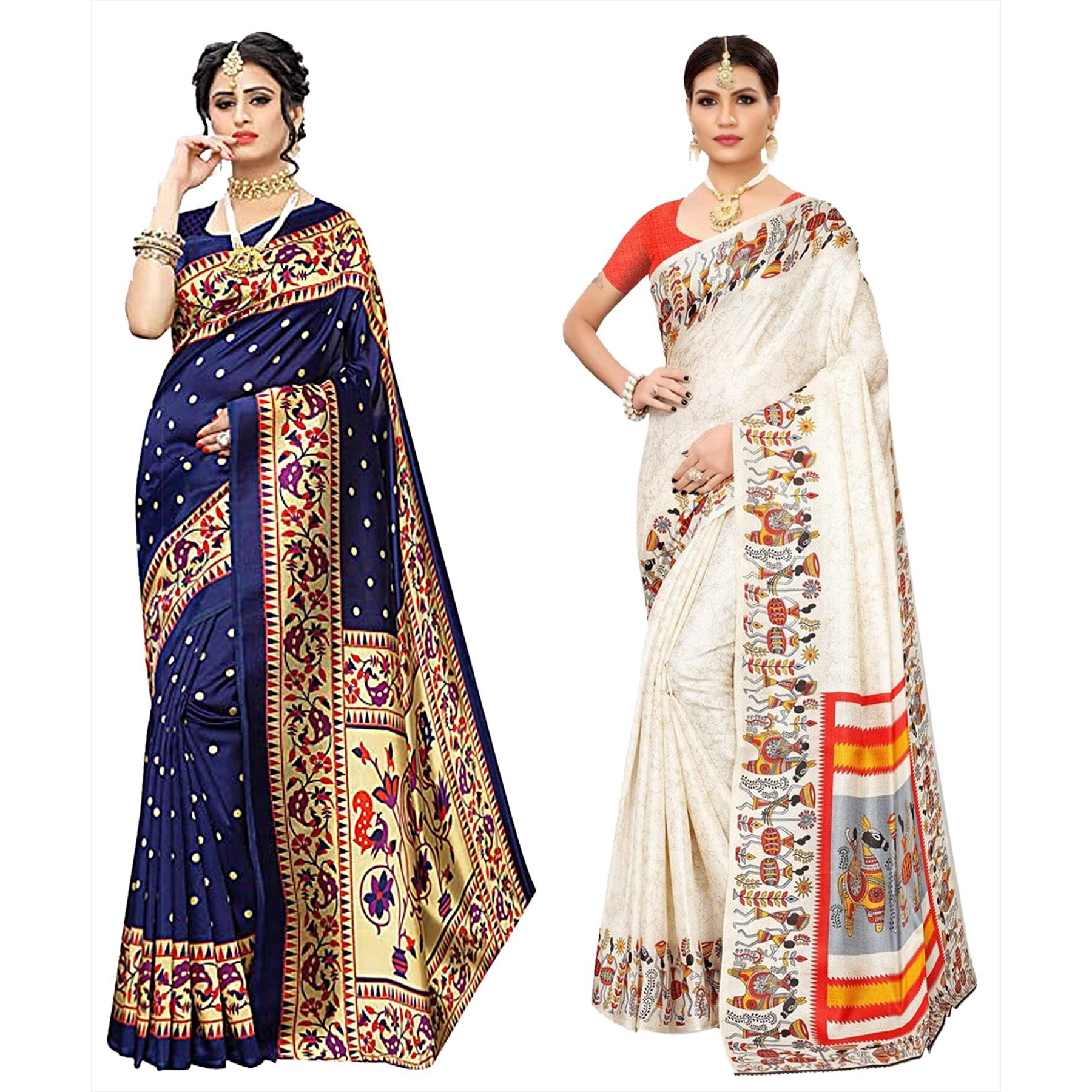 Yashika Women's Combo Art Silk Printed Saree With Blouse Piece Pack Of 2(MATWALI NAVY-VIVO ORANGE)