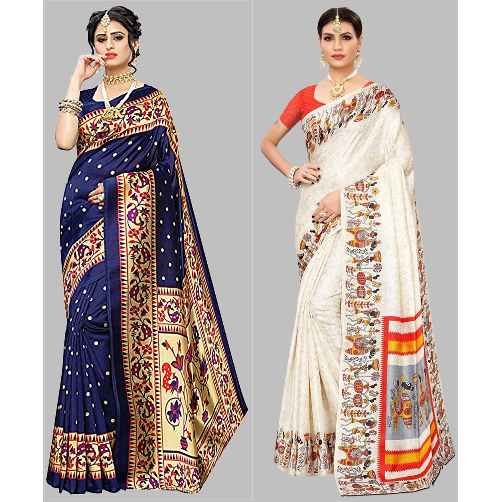 Yashika Women's Combo Art Silk Printed Saree With Blouse Piece Pack Of 2(MATWALI NAVY-VIVO ORANGE)