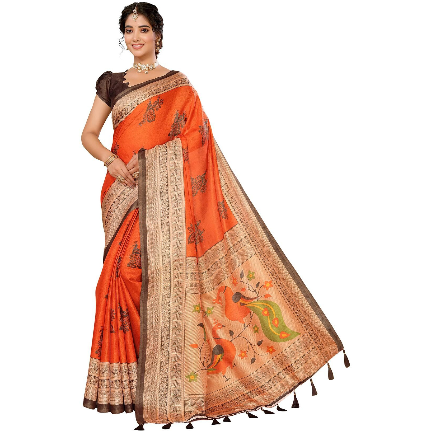 Yashika Women's Art Silk Printed with Tassels Unstitched Blouse Material Stylish Party Casual Wear Traditional Trendy Saree (AZ-YS-P1-KRIPA-Parent_Orange)