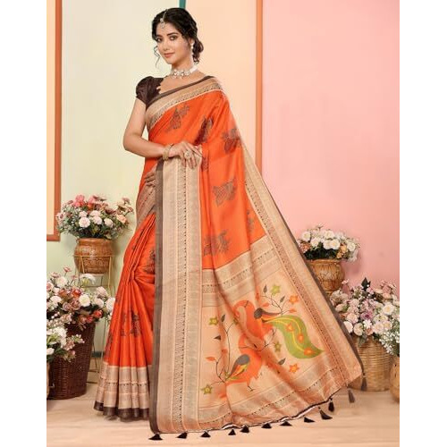 Yashika Women's Art Silk Printed with Tassels Unstitched Blouse Material Stylish Party Casual Wear Traditional Trendy Saree (AZ-YS-P1-KRIPA-Parent_Orange)