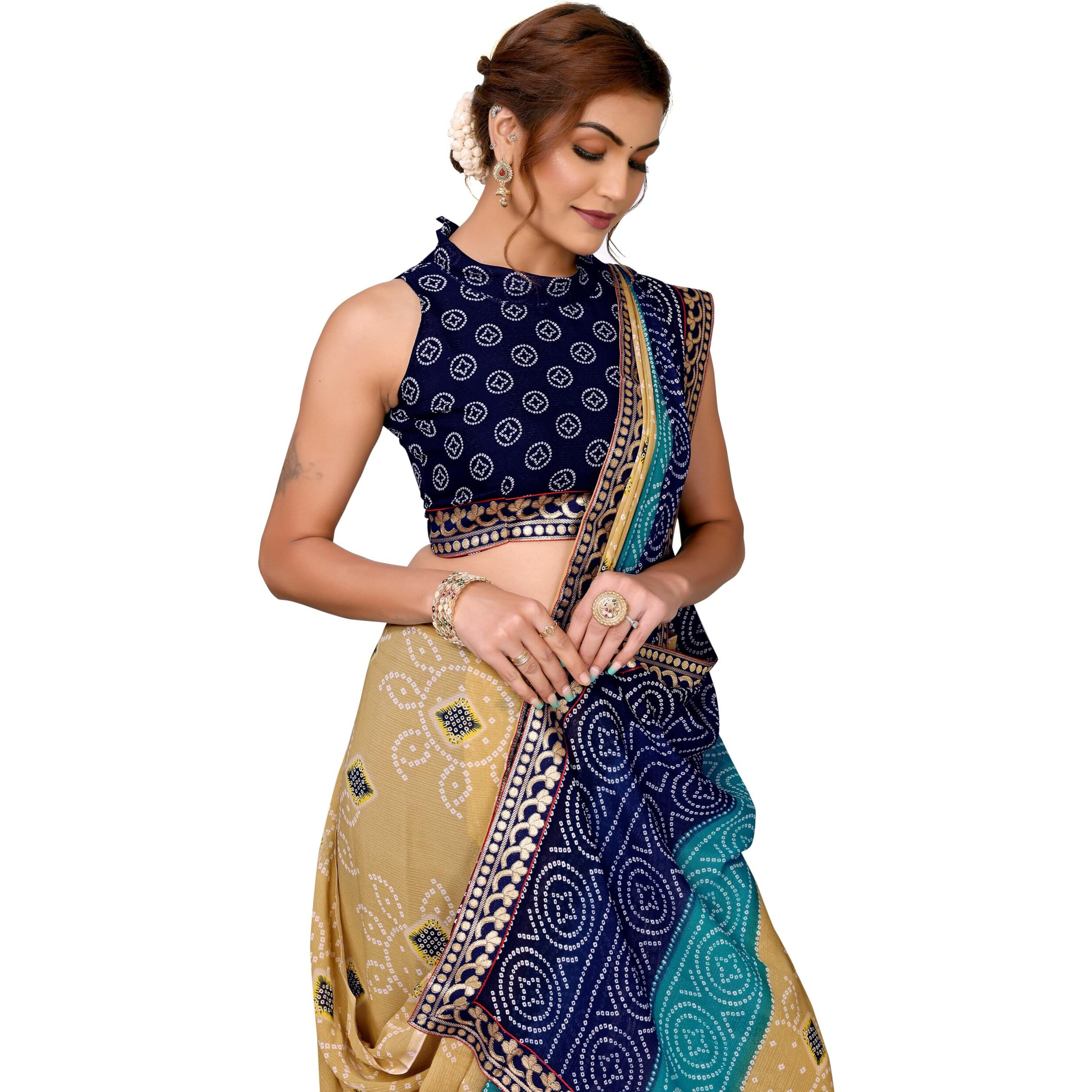 Yashika Women's Woven Latest Georgette Saree with Lace and Blouse Material (AZ-YS-P3-AACHAL-KORAM-Parent-NEW_Chiku Navy)