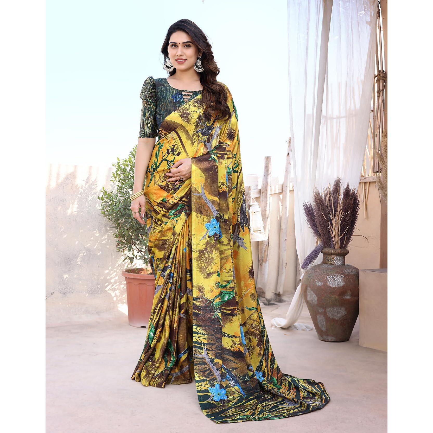 Yashika Women's Elegant Chiffon Saree Ensemble with Blouse Fabric - Embrace Trendy Style in this Exquisite Ethnic Attire (AZ-YS-P1-AASMA BROWN)
