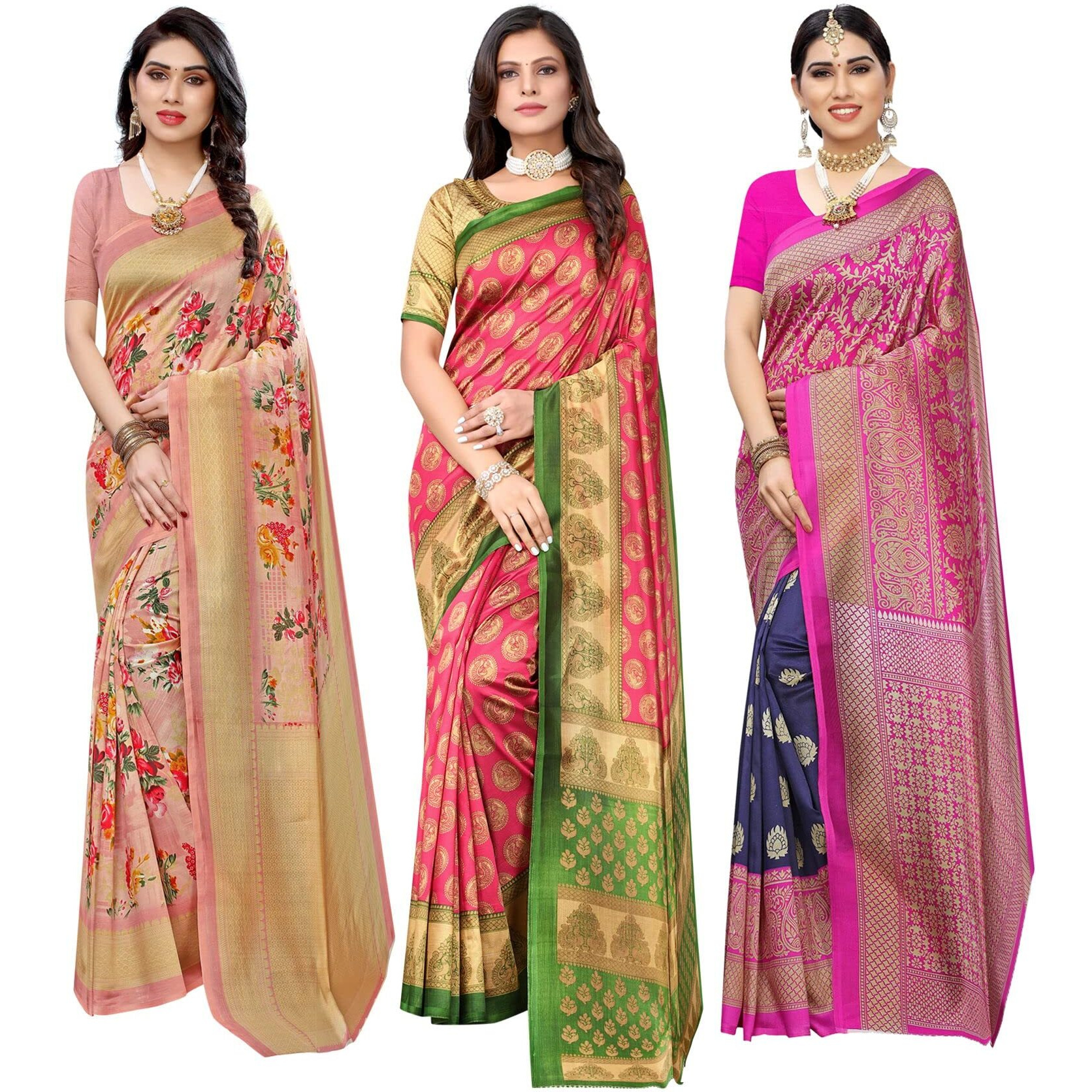 Yashika Women's Combo Art Silk Saree with Blouse Piece-Pack of 3(AIR Peach-ALIFA Pink-Metro Navy) Multicolor-03