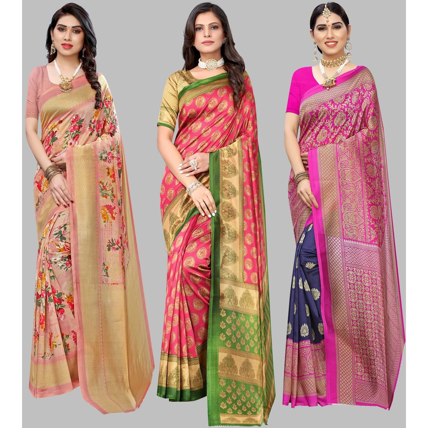Yashika Women's Combo Art Silk Saree with Blouse Piece-Pack of 3(AIR Peach-ALIFA Pink-Metro Navy) Multicolor-03