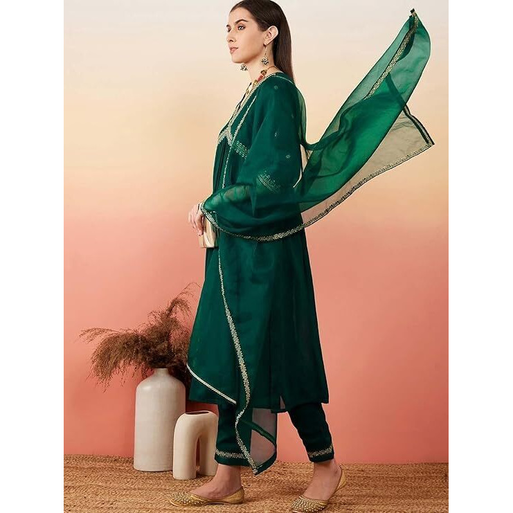 Yashika Women's Embroidered Georgette Alia Cut Kurta Pant Dupatta Set - Trendy and Elegant Ethnic Wear for Women (AZ-YS-OG-KS2110-M) Green