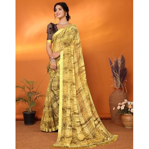 Yashika Women's Weightless Georgette Satin Printed Hot Fix Swarovski Lace with Tassels Unstitched Blouse Material Saree (AZ-YS-P1-REHANA-Parent_Mustard)