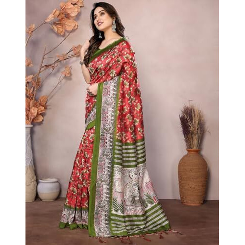 Yashika Women's Printed Kalamkari Art Silk Saree With Tassels and Unstitched Blouse Material (AZ-YS-P3-SUBILA RED JHALAR)