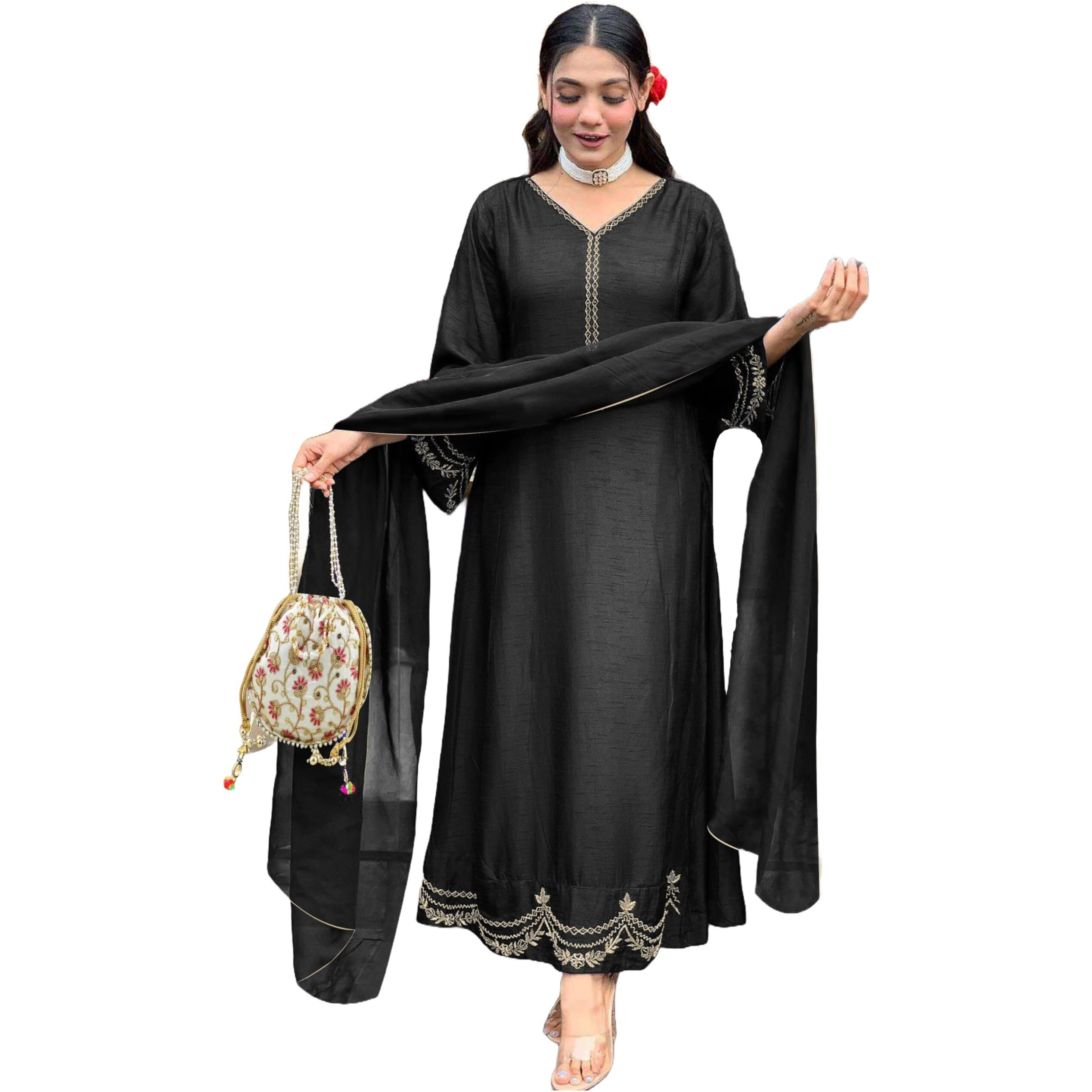ANNI DESIGNER Women's Rayon Viscose Anarkali Embroidered Kurta with Pant & Dupatta (Ranibai Black_XXL_Black_XX-Large)