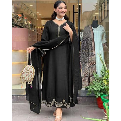 ANNI DESIGNER Women's Rayon Viscose Anarkali Embroidered Kurta with Pant & Dupatta (Ranibai Black_XXL_Black_XX-Large)