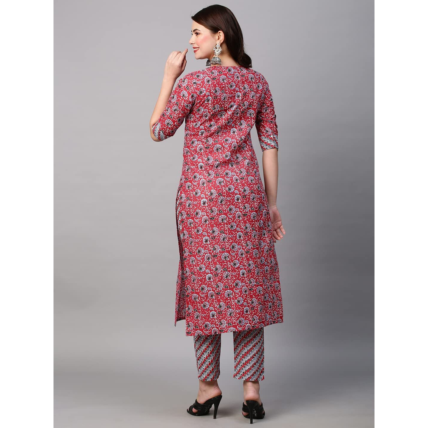 ANNI DESIGNER Women's Cotton Blend Traditional Straight Printed Kurta and Palazzo Set (Janar Red_M_Red_Medium)