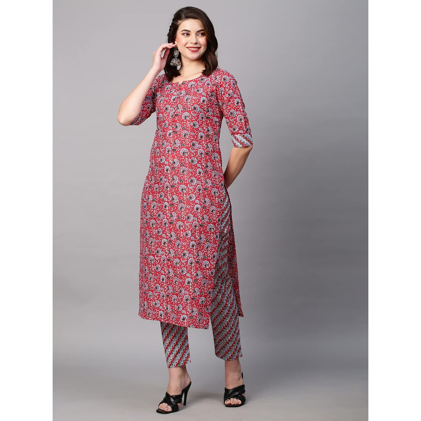ANNI DESIGNER Women's Cotton Blend Traditional Straight Printed Kurta and Palazzo Set (Janar Red_M_Red_Medium)