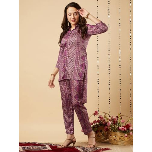 ANNI DESIGNER Women's Cotton Blend Straight Floral Printed Co-Ord Set (Poppy Wine_S_Wine_Small)