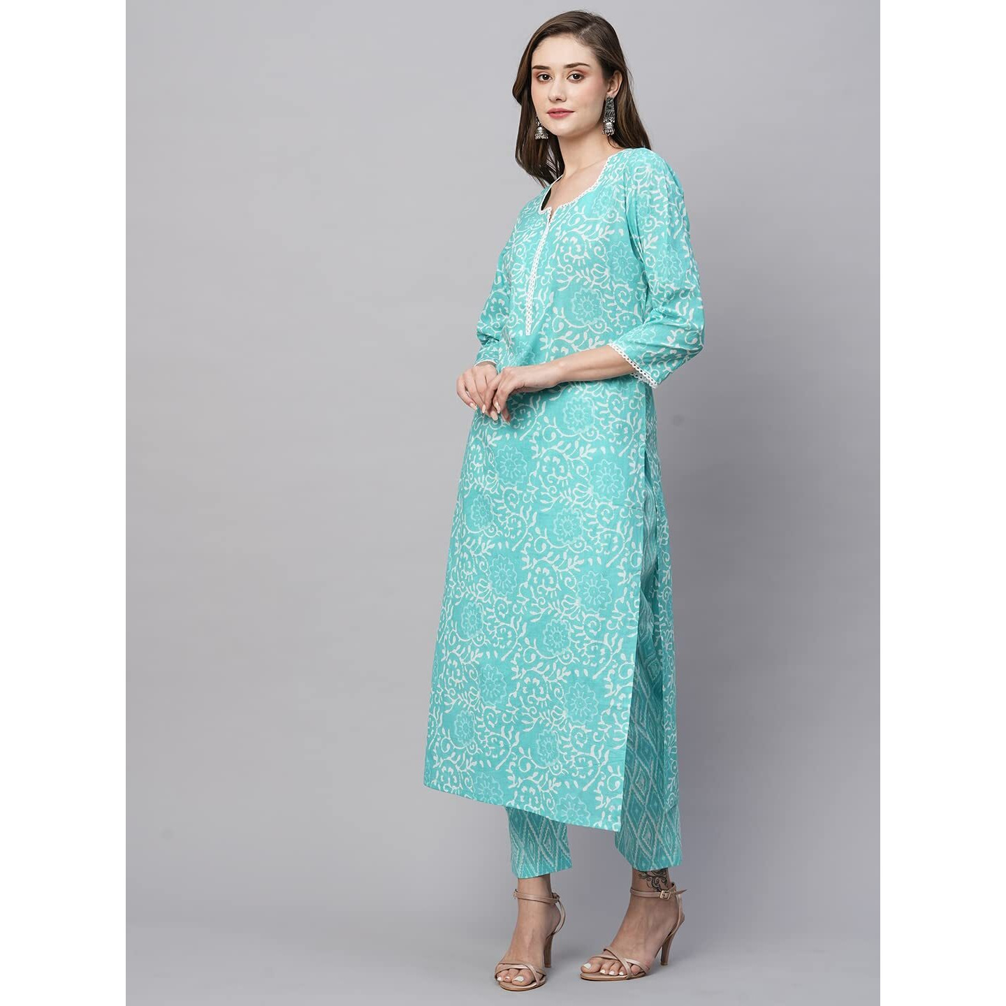 ANNI DESIGNER Women's Cotton Blend Straight Printed Kurta with Pant (Gulika Light Blue-NW_S_Light Blue_Small)
