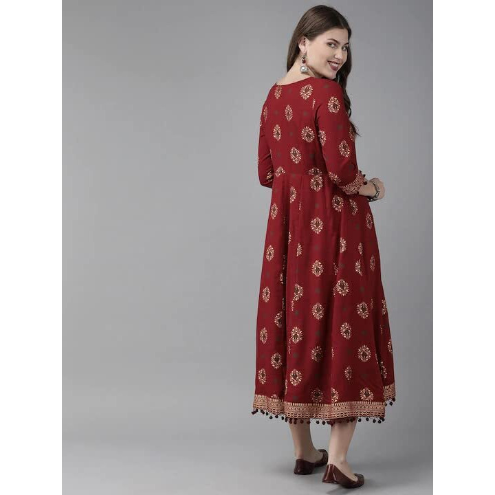 ANNI DESIGNER Women's Rayon Printed Anarkali Kurta (Jaikara Maroon_XL_Maroon_X-Large)
