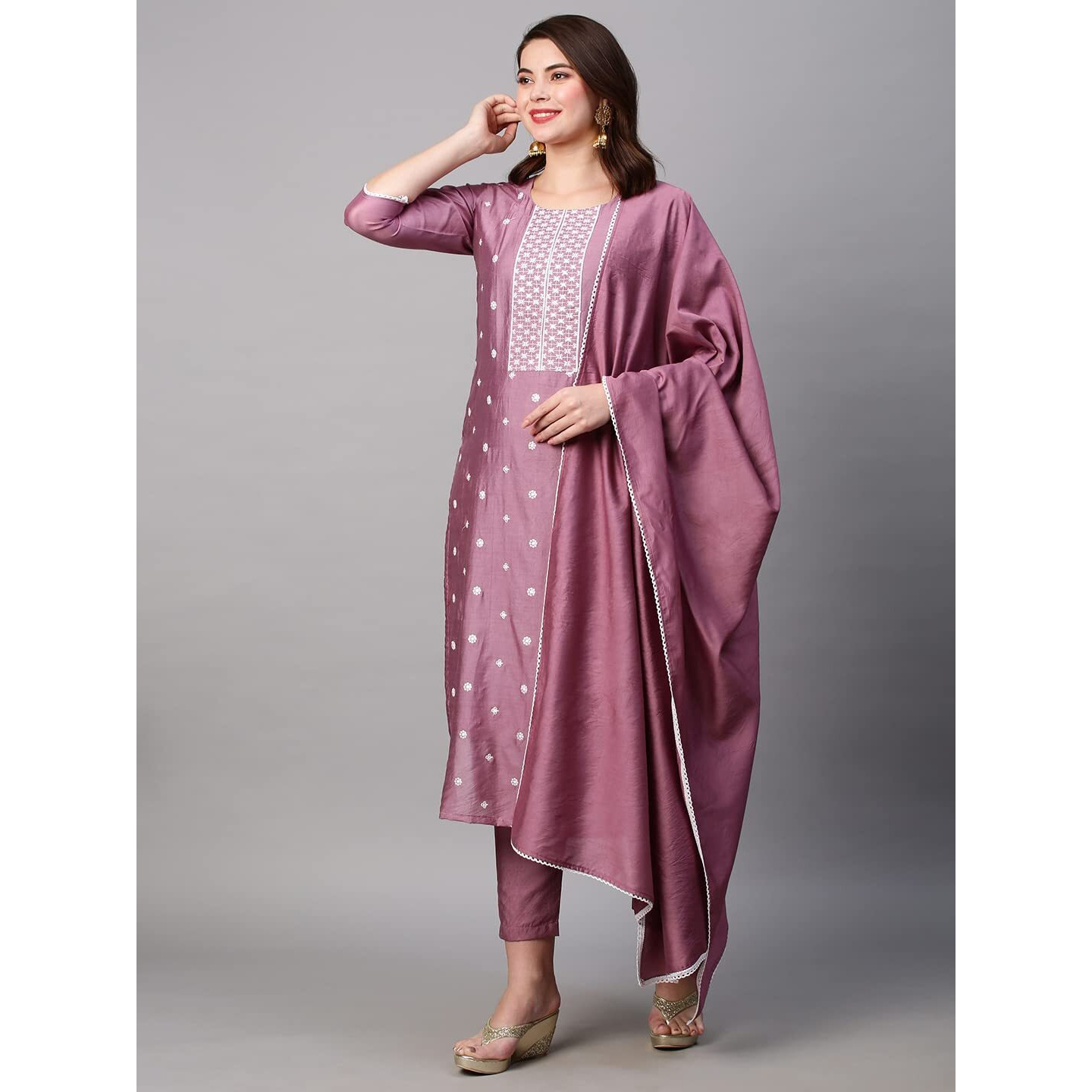 ANNI DESIGNER Women's Cotton Blend Embroidered Straight Kurta with Pant & Dupatta (HIMA-Purple_XXL_Purple_XX-Large)