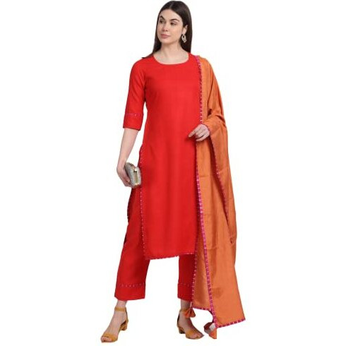 ANNI DESIGNER Women's Cotton Blend Straight Kurta with Pant & Dupatta (GUBGHAT-RED_L_Red_Large)
