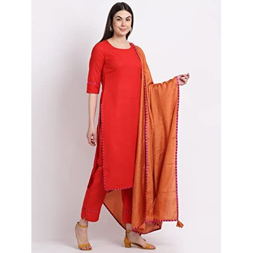 ANNI DESIGNER Women's Cotton Blend Straight Kurta with Pant & Dupatta (GUBGHAT-RED_L_Red_Large)
