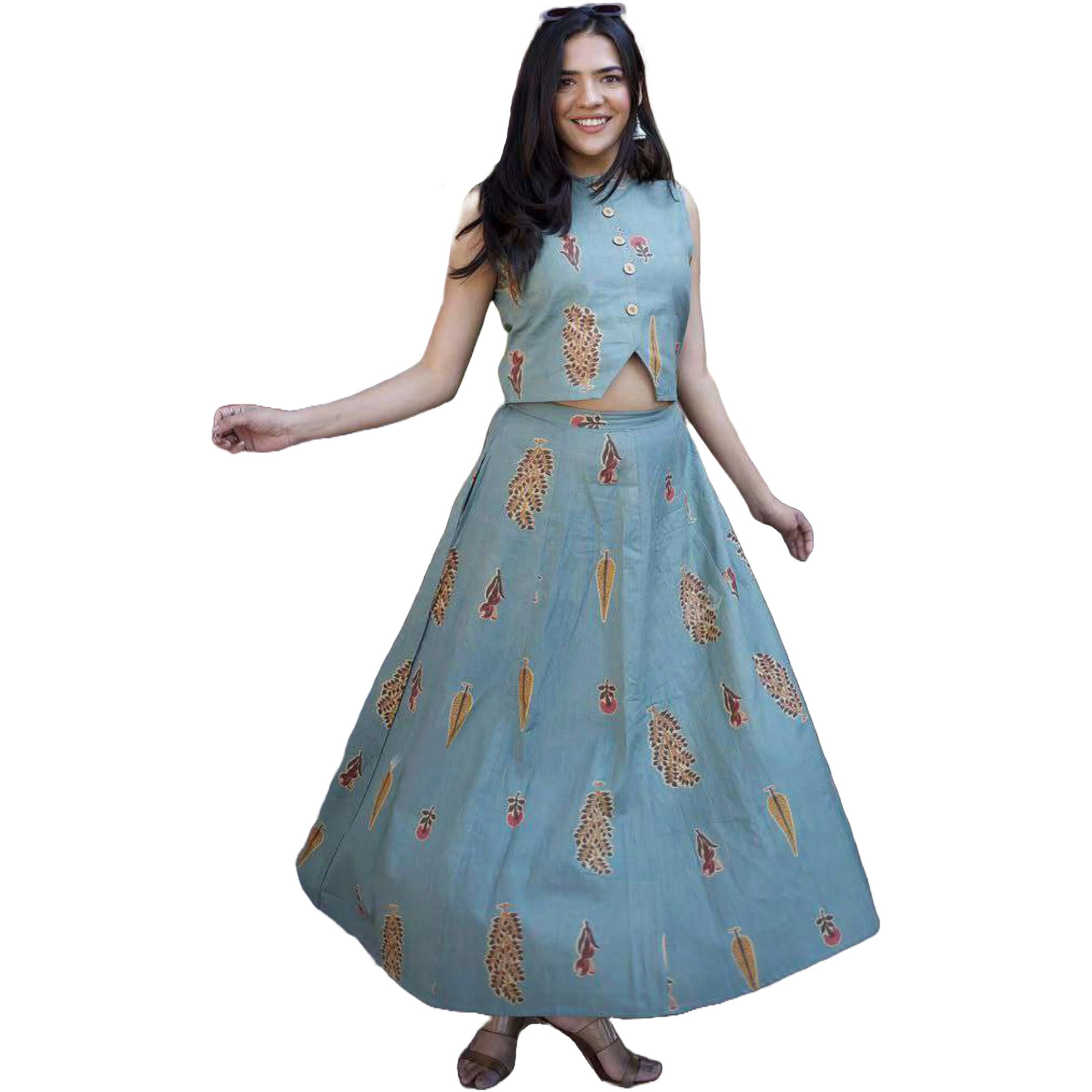 ANNI DESIGNER Women's Rayon Viscose Printed Skirt and Top Dress Set (Bijapur Green-VKS01_M_Green_Medium)