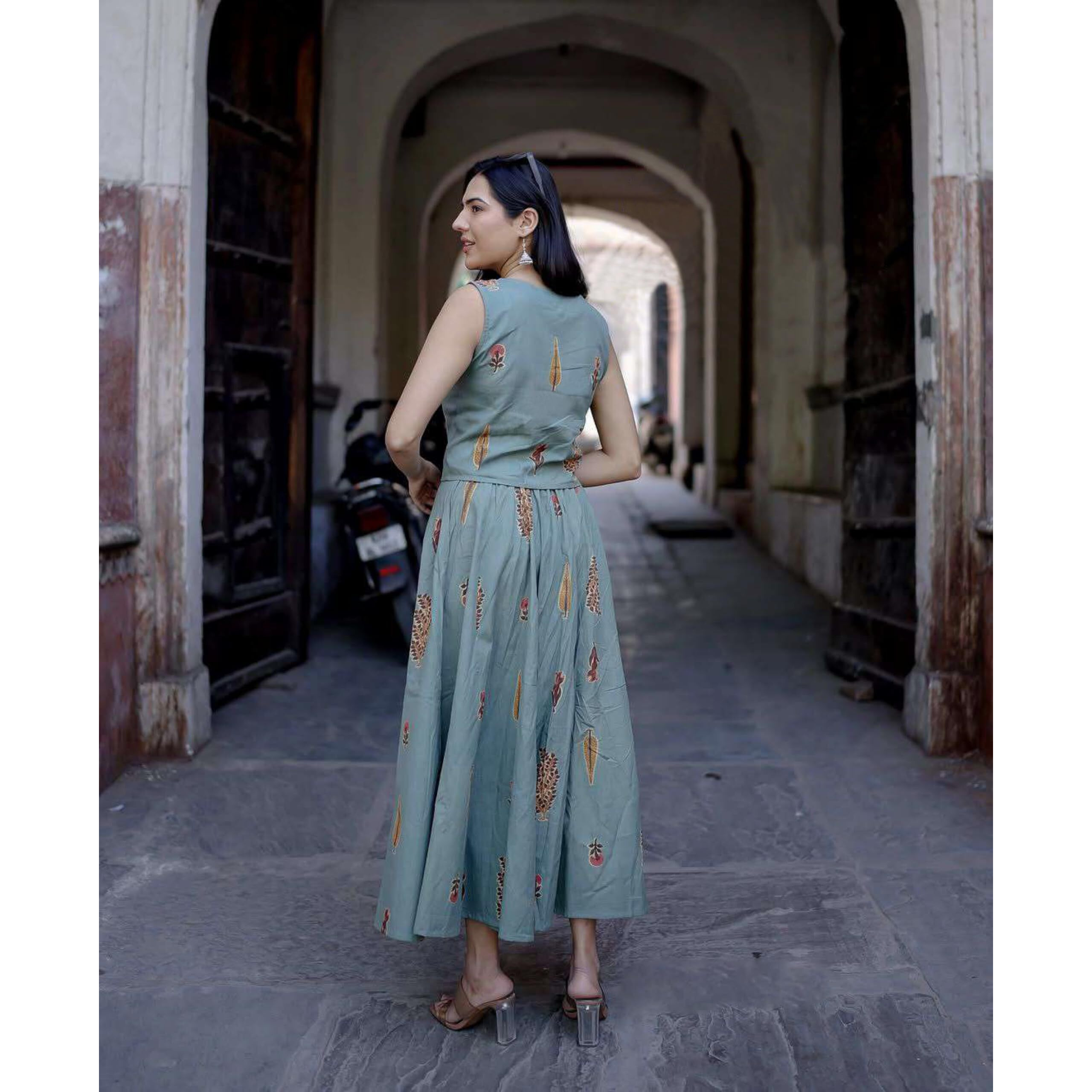 ANNI DESIGNER Women's Rayon Viscose Printed Skirt and Top Dress Set (Bijapur Green-VKS01_M_Green_Medium)