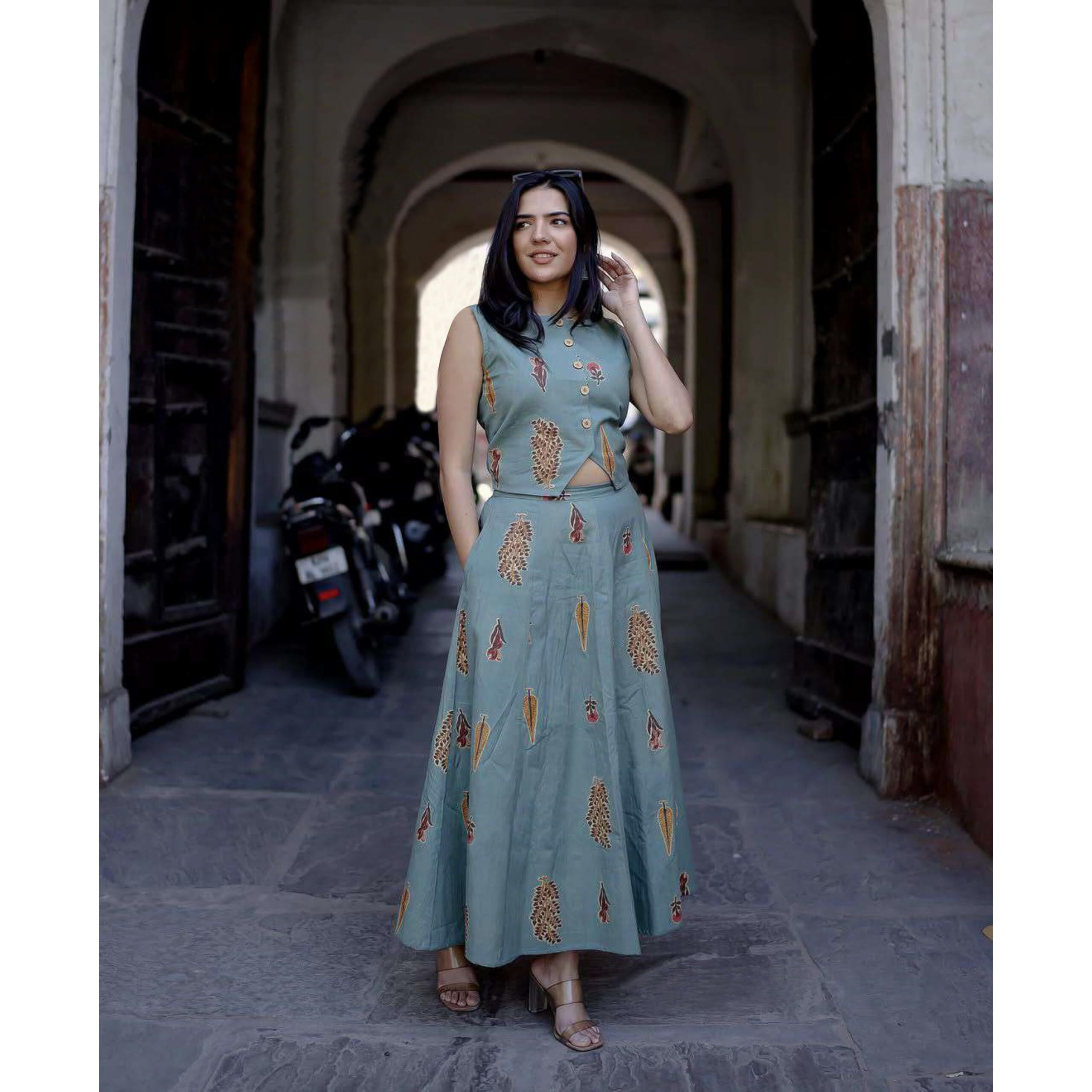 ANNI DESIGNER Women's Rayon Viscose Printed Skirt and Top Dress Set (Bijapur Green-VKS01_M_Green_Medium)