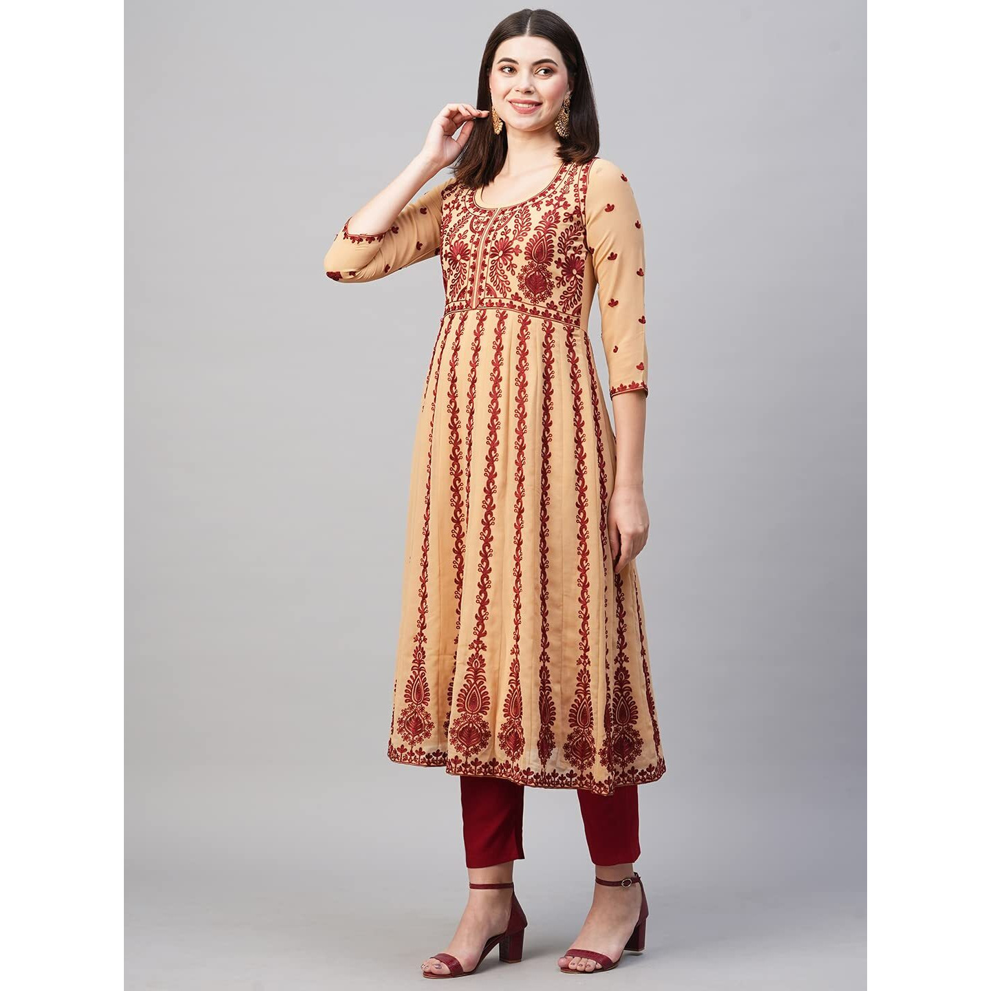 ANNI DESIGNER Women's Georgette Chikankari Embroidered Anarkali Kurti (Naav Beige_M_Beige_Medium)