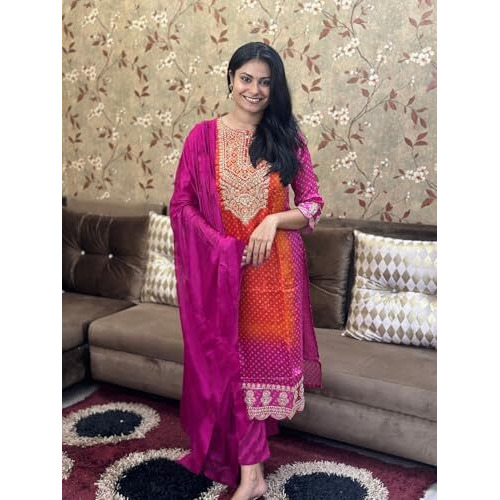ANNI DESIGNER Women's Rayon Blend Straight Embroidered Kurta with Pant & Dupatta (Lasivan Pink-VKS01_4XL_Pink_XXXX-Large)
