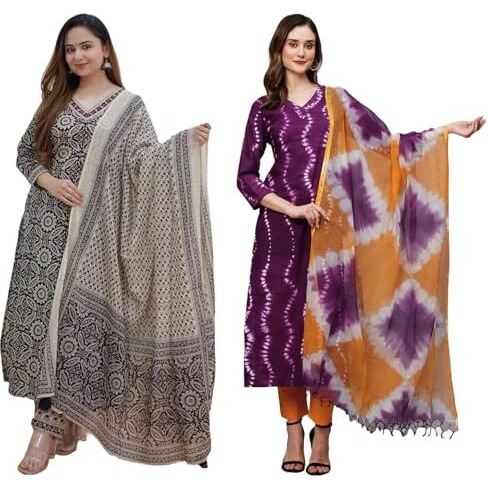 ANNI DESIGNER Women's Cotton Blend Printed Straight Kurta with Pant & Dupatta Pack of 2 (Combo-Nihira Cream-Mukhi Pink_S_Multi_Small)