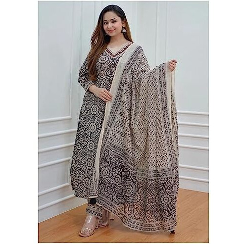 ANNI DESIGNER Women's Cotton Blend Printed Straight Kurta with Pant & Dupatta Pack of 2 (Combo-Nihira Cream-Mukhi Pink_S_Multi_Small)