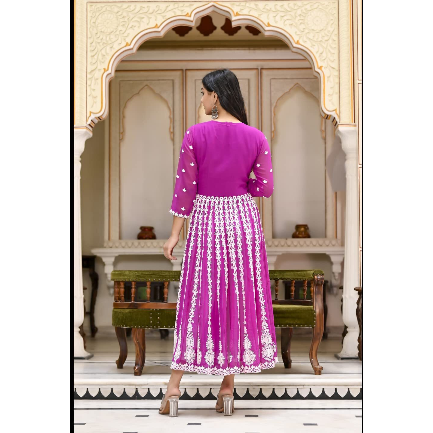 ANNI DESIGNER Women's Georgette Chikankari Embroidered Anarkali Kurti (Kari Pink-CMD_S_Dark Pink_Small)