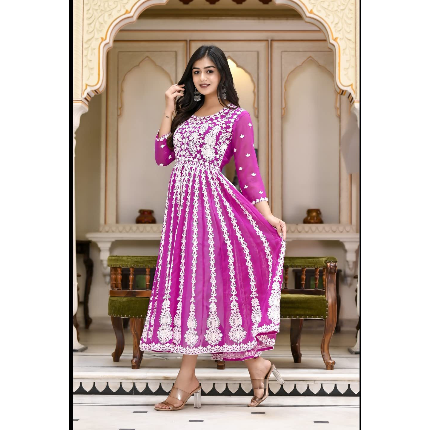 ANNI DESIGNER Women's Georgette Chikankari Embroidered Anarkali Kurti (Kari Pink-CMD_S_Dark Pink_Small)