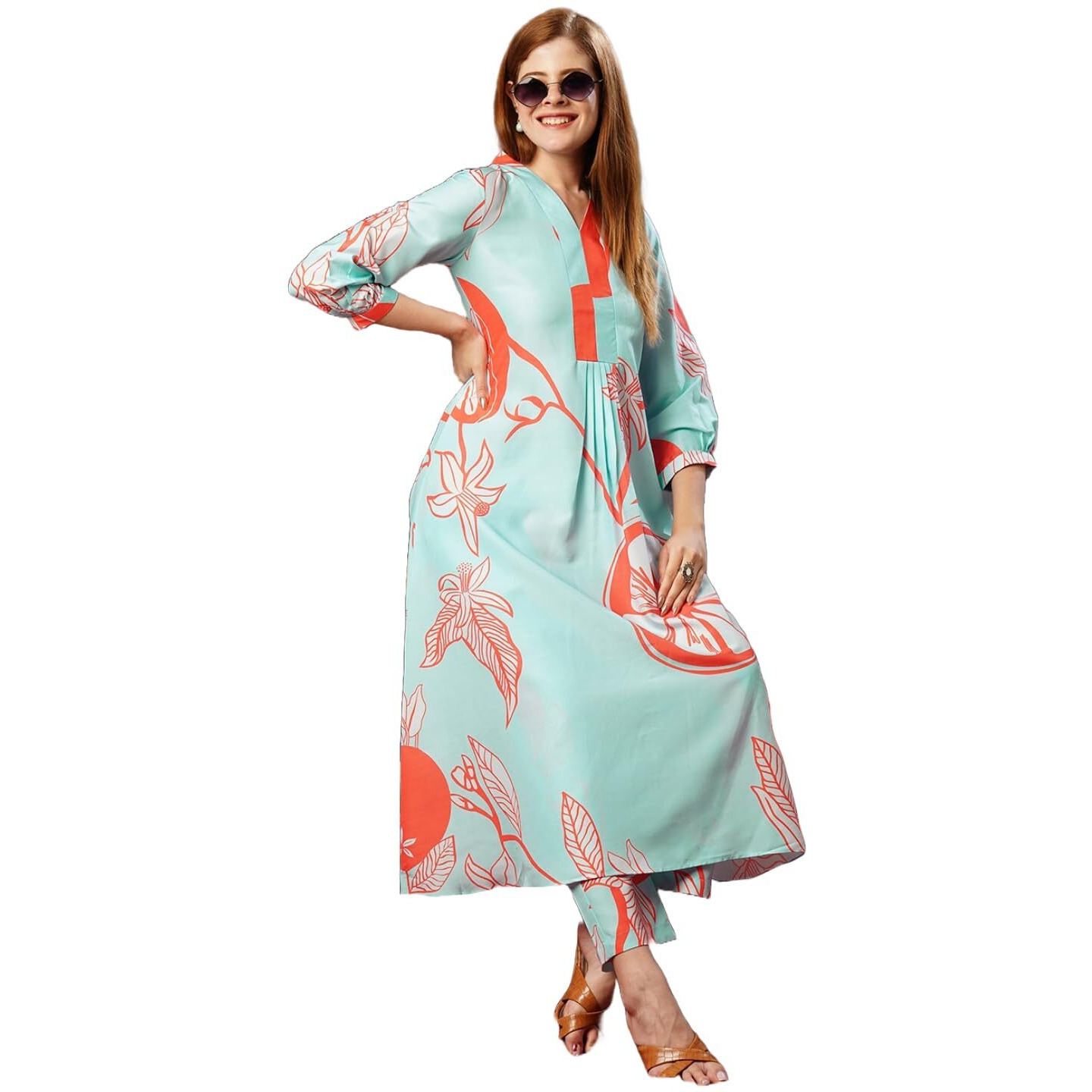 ANNI DESIGNER Women's Cotton Blend Anarkali Printed Kurta with Pant (Santra Orange-JL_XXL_Orange_XX-Large)