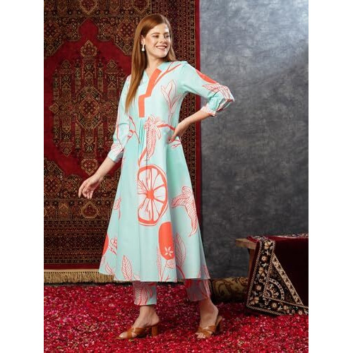 ANNI DESIGNER Women's Cotton Blend Anarkali Printed Kurta with Pant (Santra Orange-JL_XXL_Orange_XX-Large)
